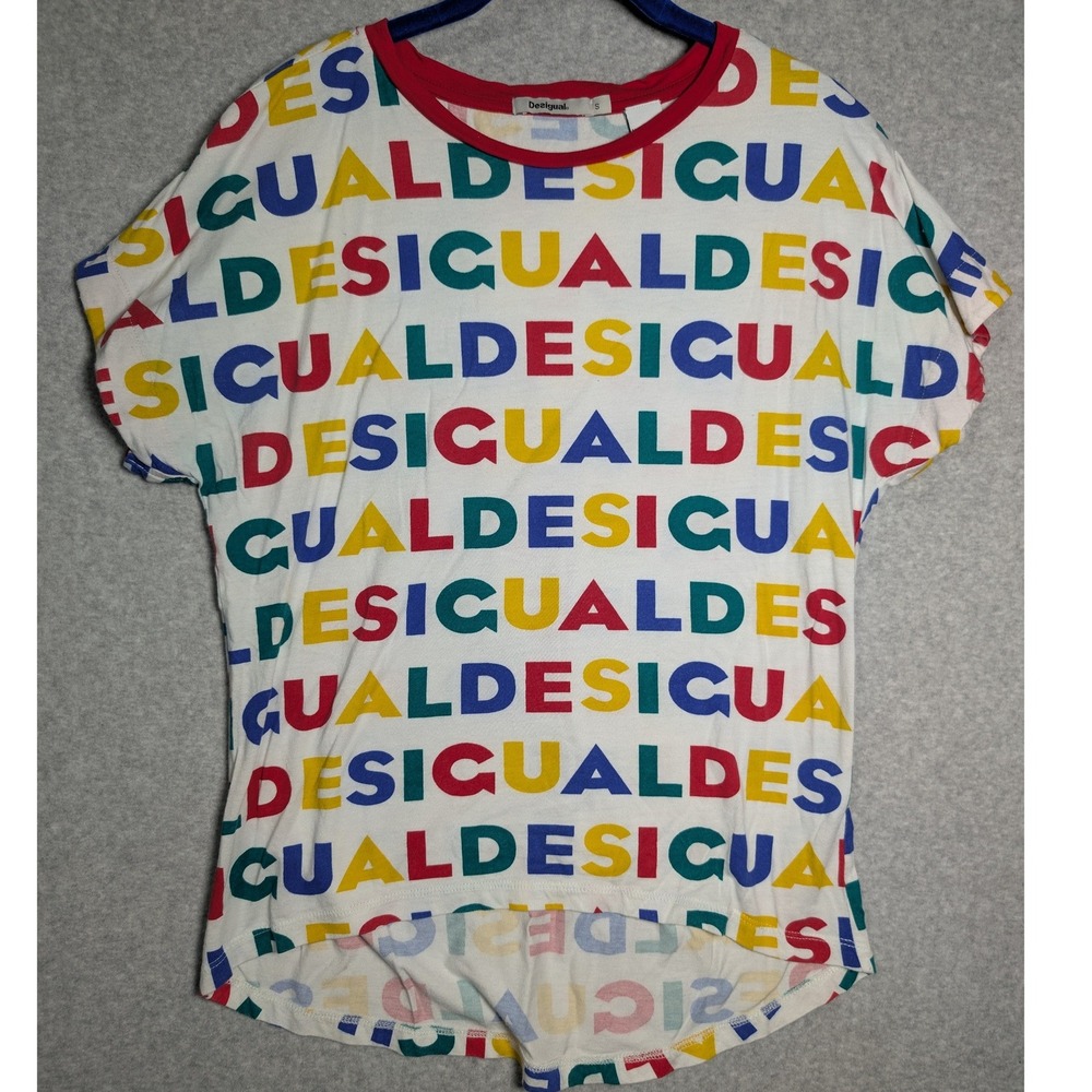 Desigual Small T Shirt Womens Logo Print White‎ Multicolored Streetwear Funky